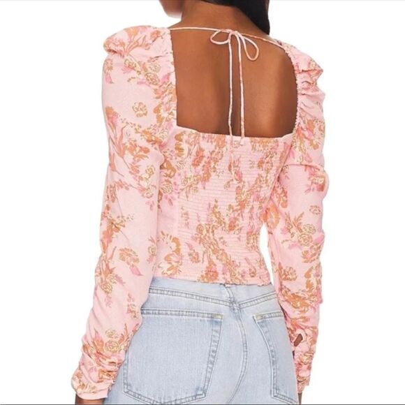 NWT $98 Free People Hilary Printed Top Pink Combo Smocked Back Blouse Size Small - Picture 2 of 6